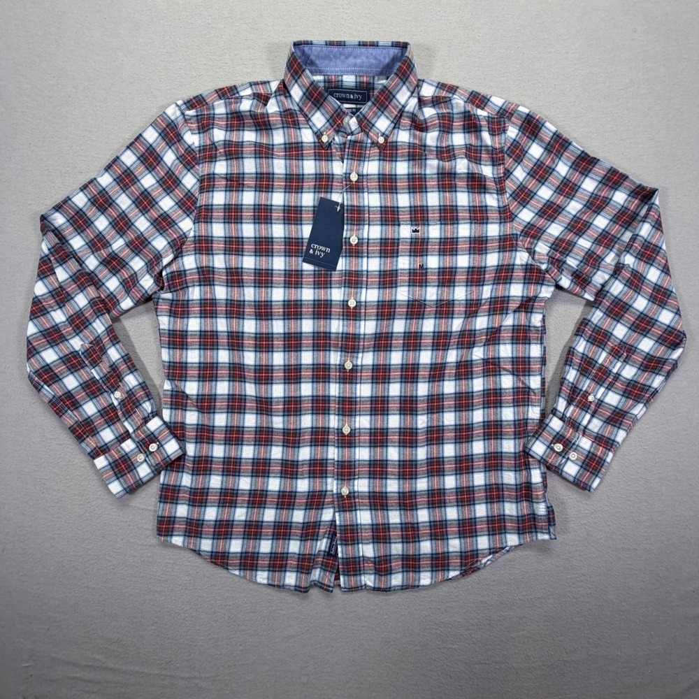 Crown & Ivy Mens Shirt Classic Fit NWT White Red Blue Plaid Button Down Medium